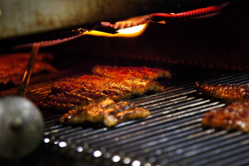 Unagi grilling over the fire